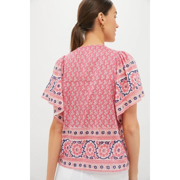 Bell by Alicia Bell Tuckernuck Pink Navy Printed Angel Flutter Sleeve Top Small - Picture 3 of 11